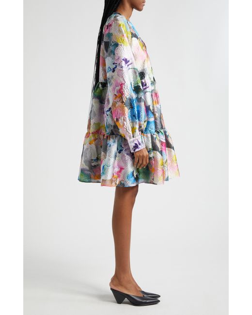 Stine Goya Multicolor Jasmine Orchid Print Long Sleeve Cloqué Tiered Dress