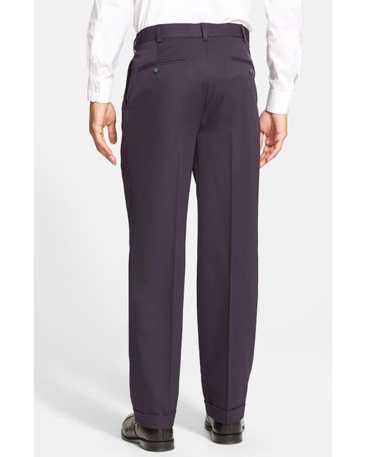 Berle Blue Self Sizer Waist Pleated Classic Fit Microfiber Trousers for men