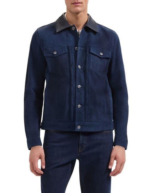 Bugatchi Blue Hybrid Leather Trucker Jacket for men