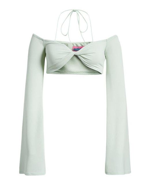 Edikted Green Celeste Off The Shoulder Twist Long Sleeve Crop Top