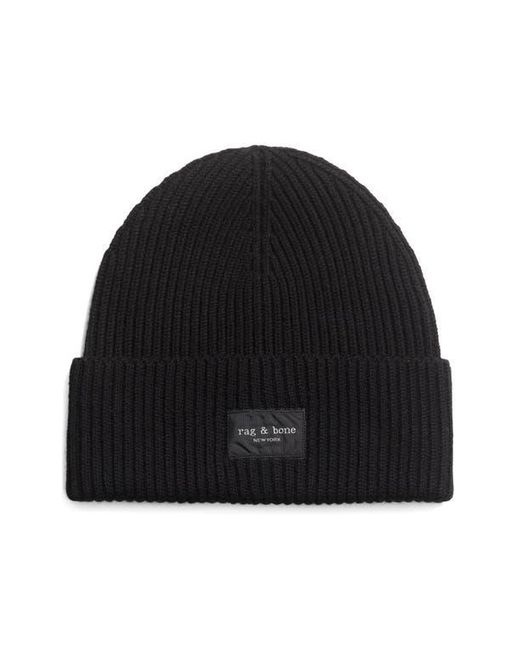 Rag & Bone Black Blake Logo Patch Wool Blend Rib Beanie