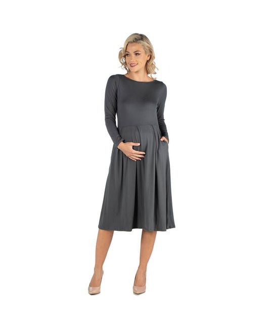 24seven Comfort Apparel Black Maternity Midi Length Fit And Flare Pocket Dress