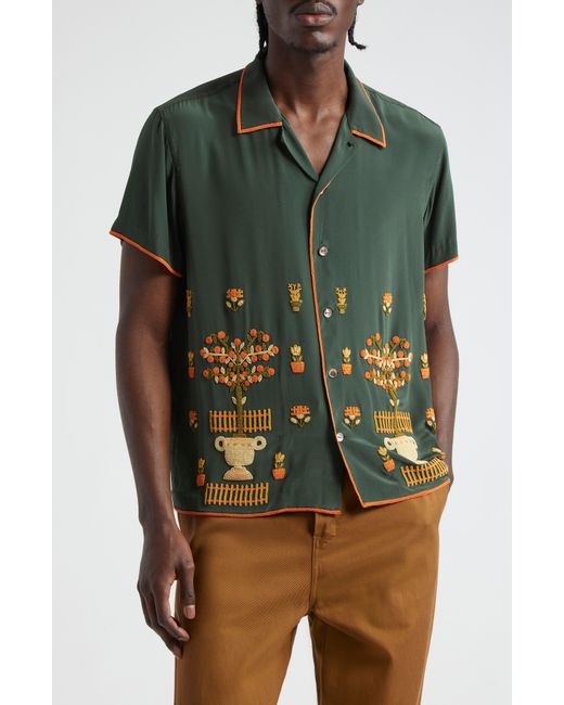 Bode Green Beaded Paddock Sampler Short Sleeve Silk Button-up Shirt for men