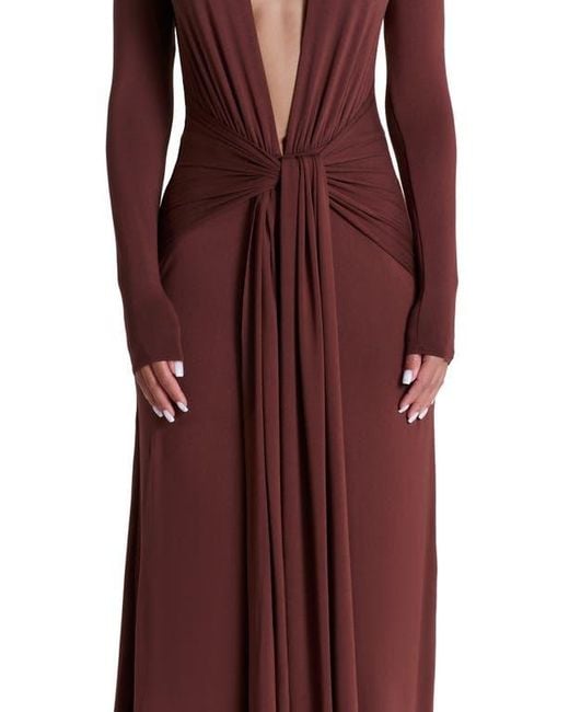 Naked Wardrobe Red Plunge Neck Long Sleeve Stretch Jersey Maxi Dress