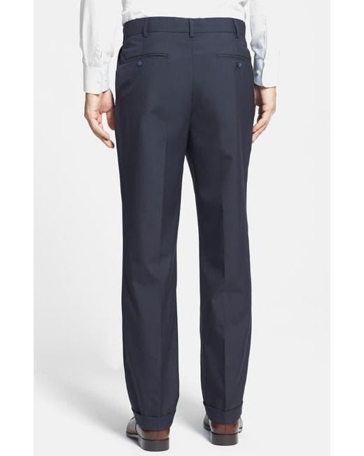 Berle Blue Self Sizer Waist Plain Weave Pleated Washable Trousers for men