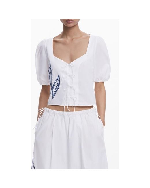 Desigual White Embroidered Tie Front Top