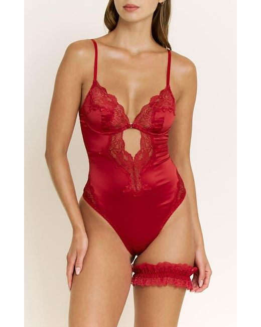 Honeydew Intimates Red Garden Of Eden Lace Trim Satin Bodysuit & Garter Set