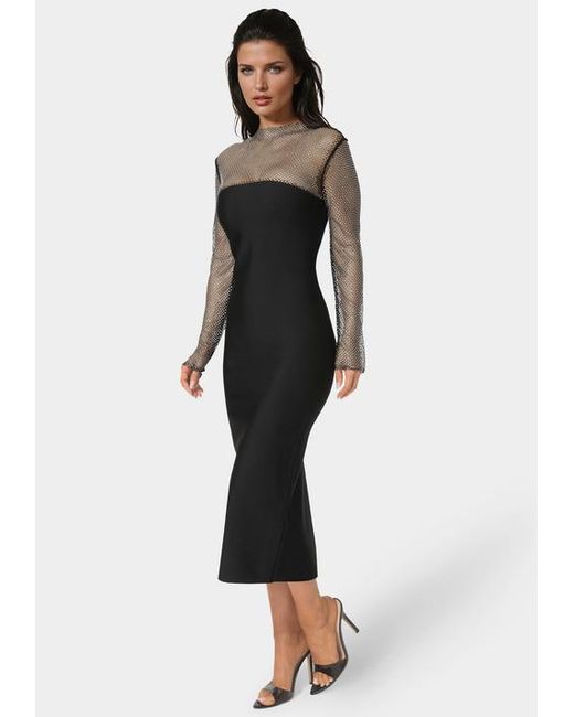 Bebe Women's Black Long Sleeve Midi Dress With Crystal Mesh Combo -  www.ice4pros.com.br