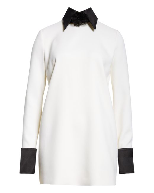 Dolce & Gabbana White Contrast Trim Long Sleeve Wool Blend Shift Dress