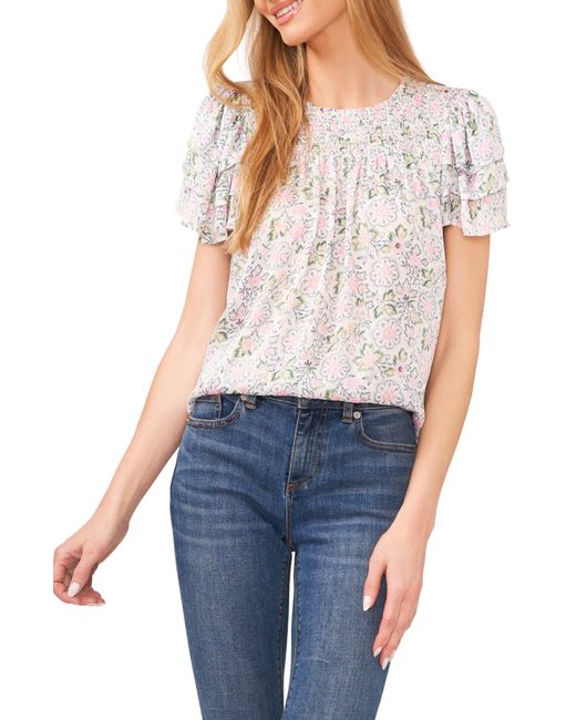 Cece Blue Floral Smocked Tiered Sleeve Top