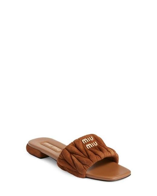 Miu Miu Matelassé Slide Sandal in Brown | Lyst