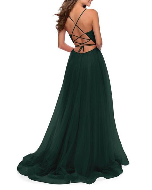 La Femme Green Long Tulle A-Line Gown With Side Slit And Pockets