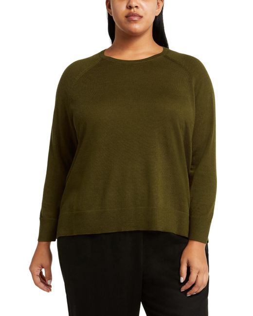 Eileen Fisher Green Raglan Sleeve Merino Wool Jersey Sweater