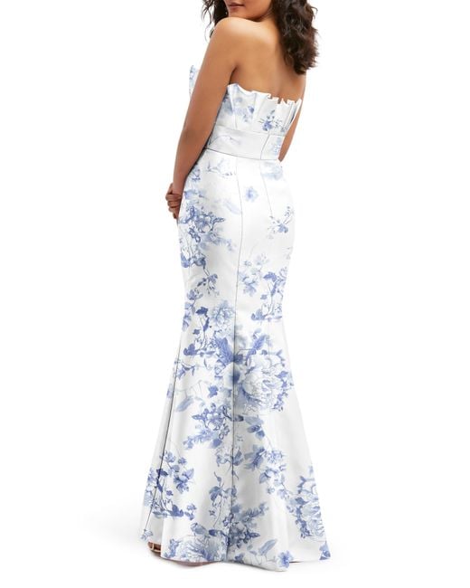 Alfred Sung Blue Floral Ruffle Strapless Trumpet Gown