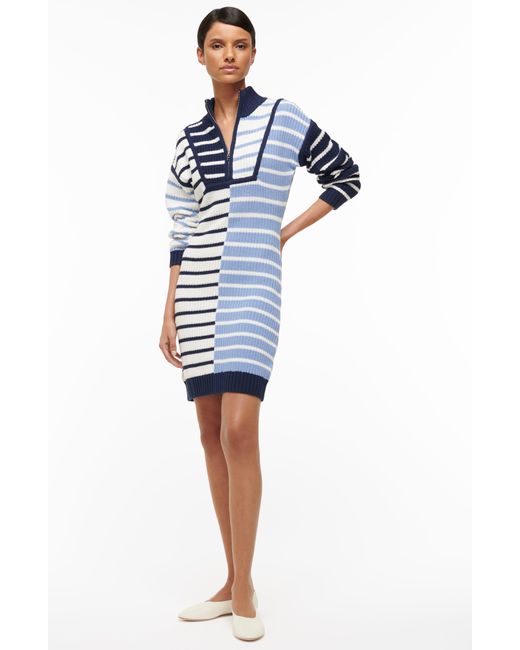 Staud Blue Mixed Stripe Long Sleeve Cotton Blend Sweater Dress