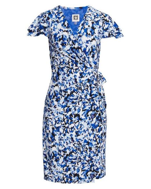 Anne Klein Blue Abstract Print Flutter Sleeve Wrap Dress