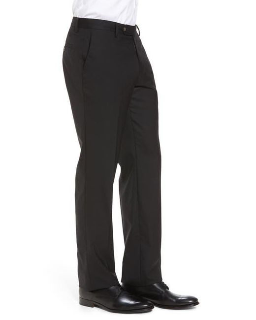 Berle Black Flat Front Stretch Solid Wool Trousers for men