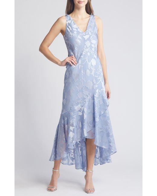 Alex Evenings Blue Metallic Floral High-low Chiffon Jacquard Midi Dress With Jacket