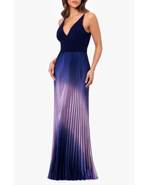 Betsy & Adam Blue Ombré Pleated Sleeveless Gown