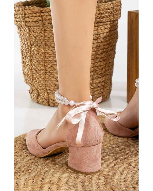 Forever & Always Shoes Pink Miranda Low Block Heels With Pearls