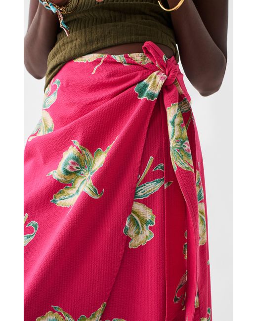 Faherty Brand Red Pacifica Orchid Print Seersucker Wrap Skirt
