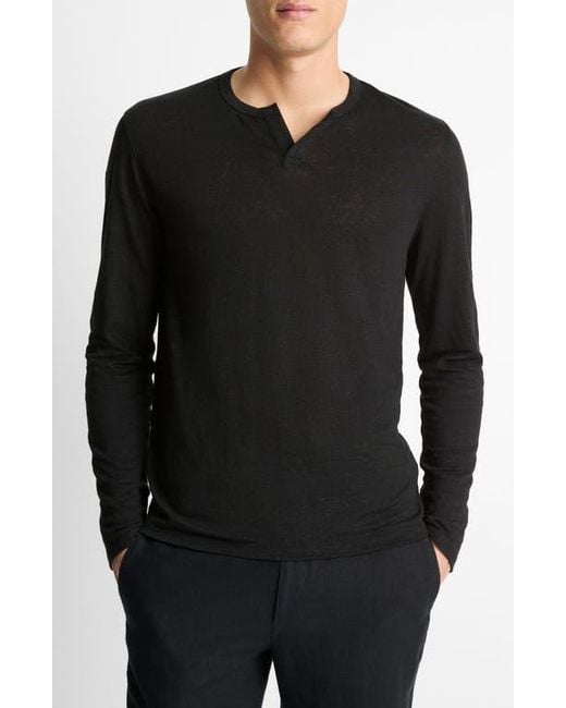 Vince Black Notch Neck Long Sleeve Slub Linen T-Shirt for men
