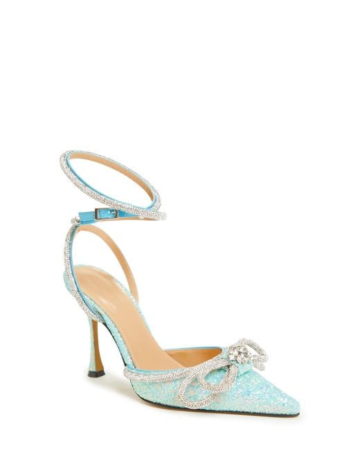 Mach & Mach Glitter Double Crystal Bow Pointed Toe Pump in Blue | Lyst