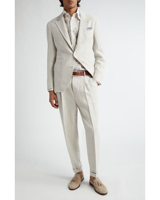 Brunello Cucinelli White Chalk Stripe Linen Blend Suit for men