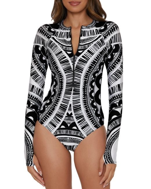 Trina Turk Black Hula Floral Half Zip Long Sleeve One-piece Rashguard Swimsuit