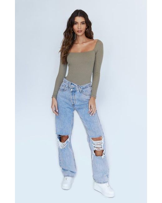 Princess Polly Blue Long Sleeve Rib Bodysuit