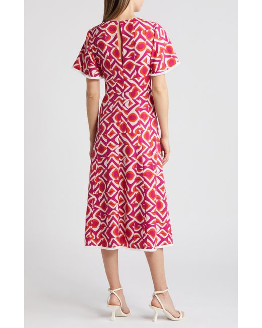 Tahari Red Geo Print Midi Dress