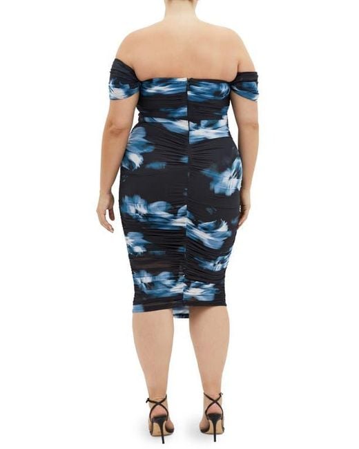 City Chic Blue Floral Print Off The Shoulder Dress