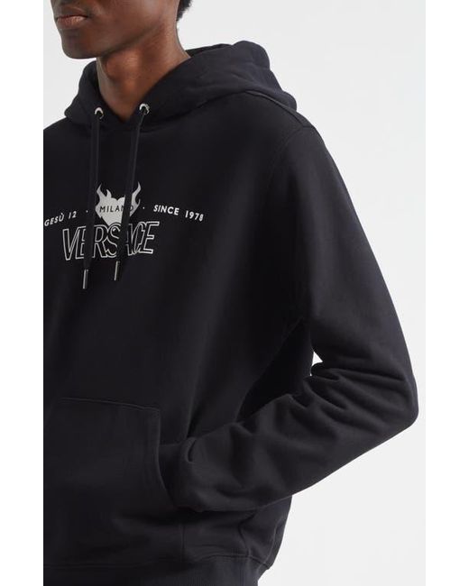 Versace Black Via Gesù Logo Graphic Hoodie for men