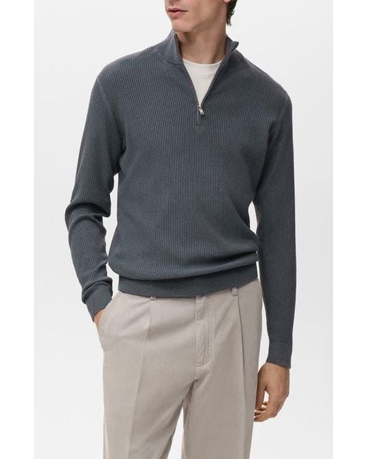 Mango Blue Rib Quarter Zip Sweater for men