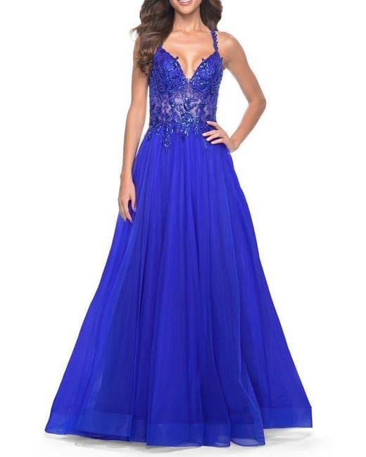 La Femme Blue Tulle A-Line Gown With Sheer And Beaded Lace Detail