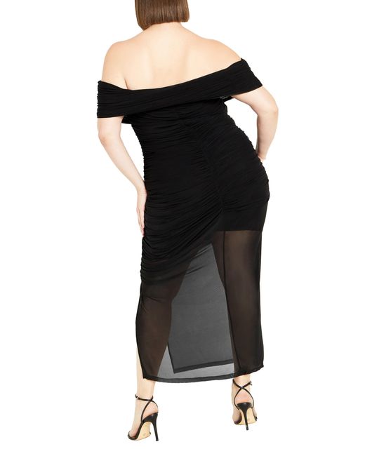 City Chic Black Marianne Off The Shoulder Ruched Mesh Midi Dress