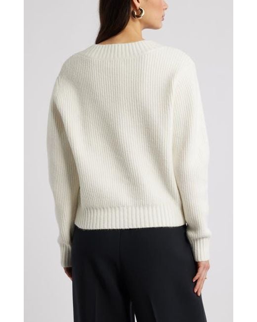 Open Edit White Rib V-Neck Sweater
