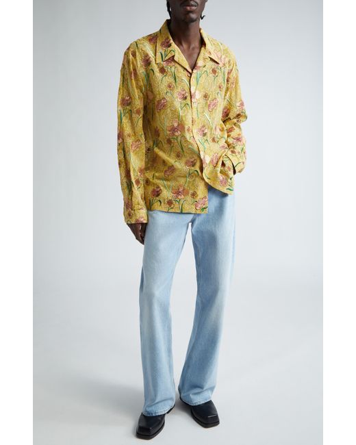 Séfr Yellow Ripley Floral Embroidered Long Sleeve Camp Shirt for men