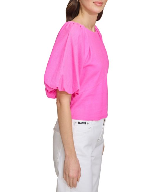 DKNY Pink Puff Sleeve Linen Blend Top