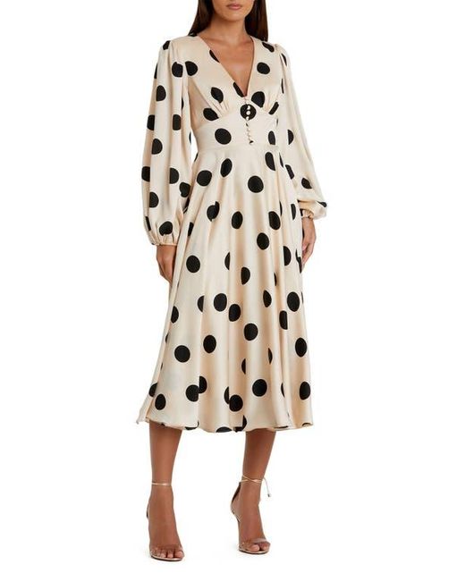 Mac Duggal Natural Polka Dot Charmeuse Long Sleeve V Neck Midi Dress