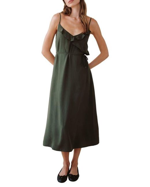 Bella Dahl Black Ruflfe Faux Wrap Removable Tie Belt Midi Dress