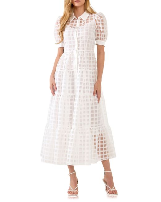 English Factory White Grid Pattern Tiered Midi Shirtdress