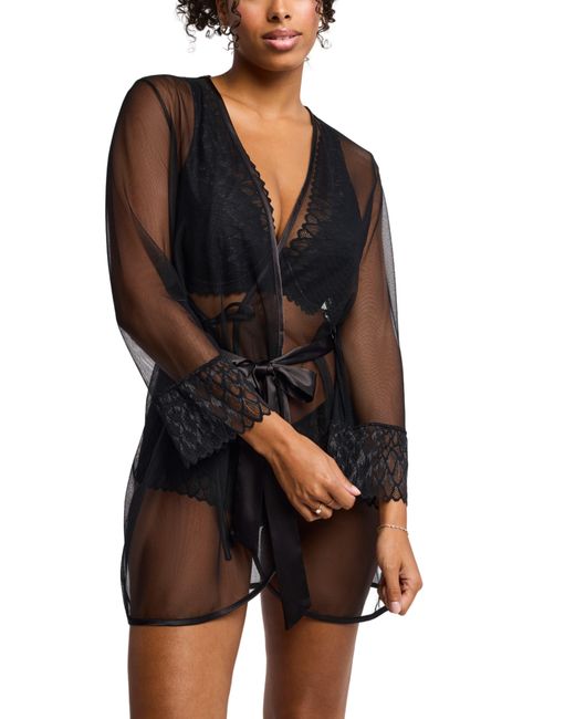 Montelle Intimates Lacy Lace Trim Mesh Robe in Black