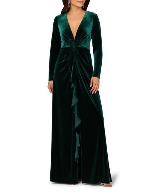 Aidan Mattox by Adrianna Papell Black Twisted Ruffle Long Sleeve Stretch Velvet Gown