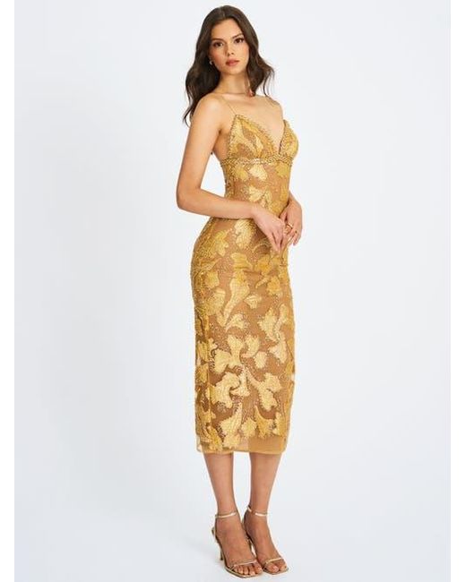 Miss Circle Metallic Edie Beaded Sequin Midi Pencil Dress