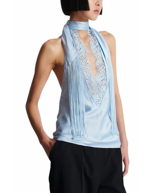 Balmain Black Backless Crepe Satin Top With Fringe