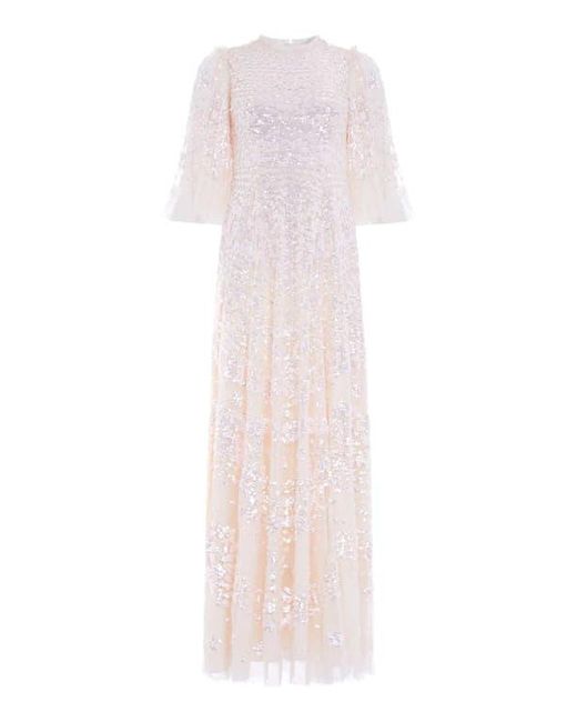 Needle & Thread Natural Anais Sequin 3/4 Sleeve Maxi Gown
