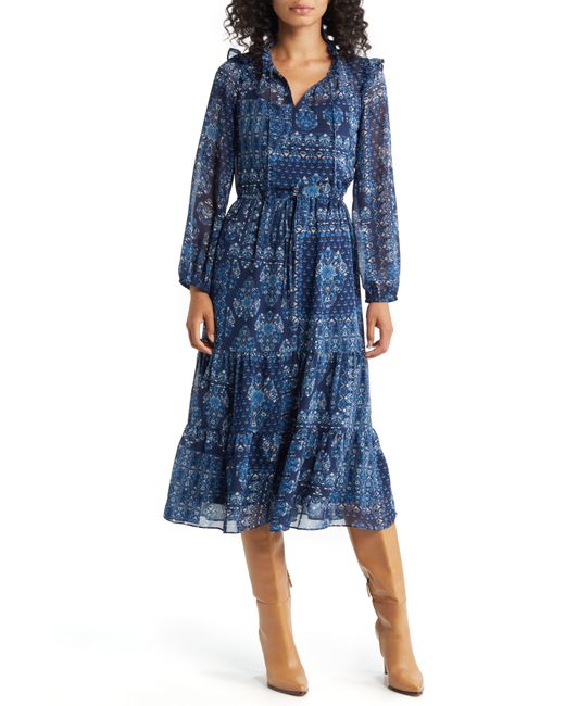 Julia Jordan Blue Tiered Long Sleeve Drawstring Waist Dress