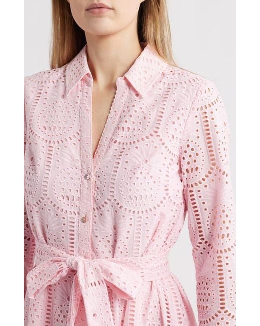 Lilly Pulitzer Pink Eira Eyelet Tie Waist Long Sleeve Maxi Shirtdress