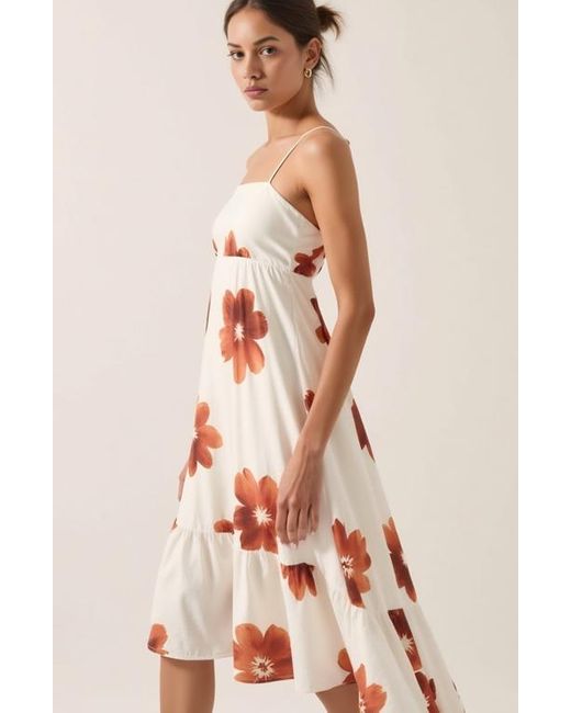 Modenaire Natural Strappy High Low Dress With Floral Print And Smocked Back